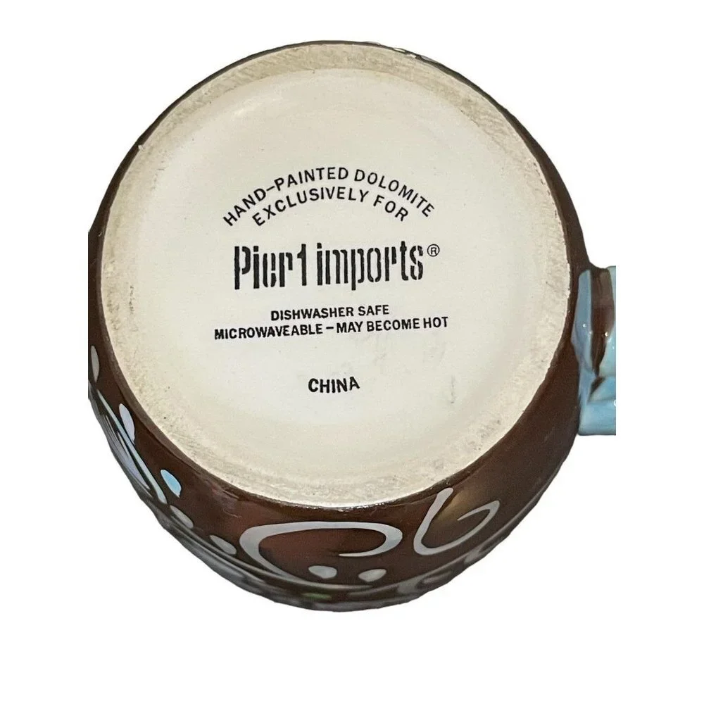 Pier‎ 1 Imports Handpainted Dolomite Coffee Mug w/Scalloped Edge Brown Blue